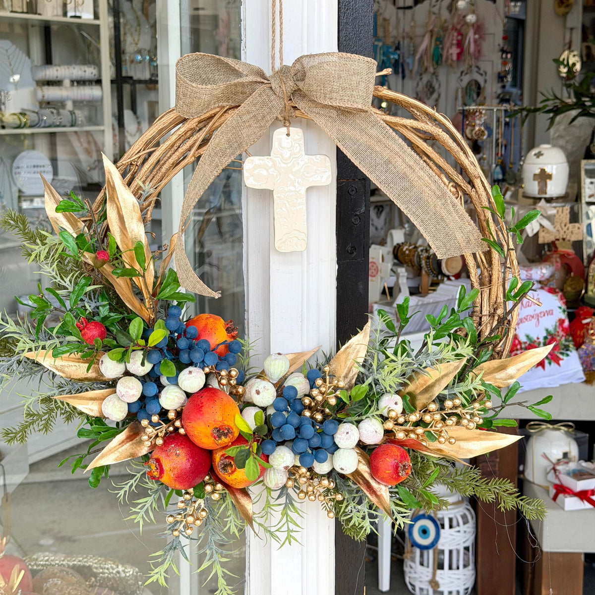 Handcrafted Pomegranate & White Cross Christmas Wreath