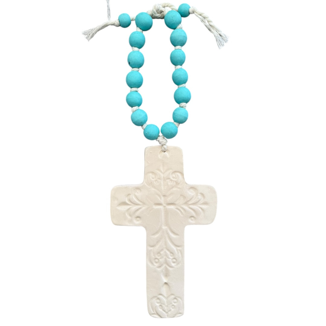 White Ceramic Cross & Turquoise Beads