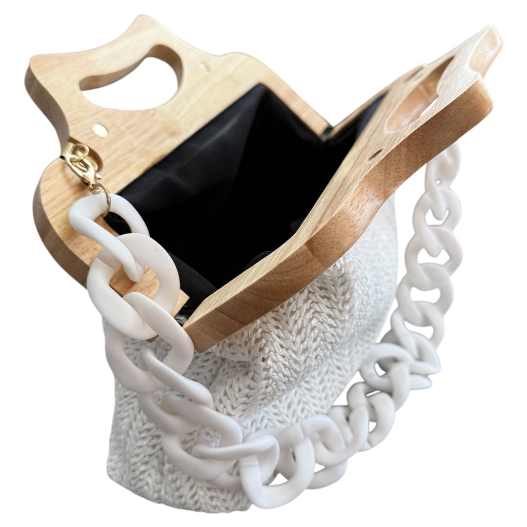 Wooden Handle Clutch Bag - White