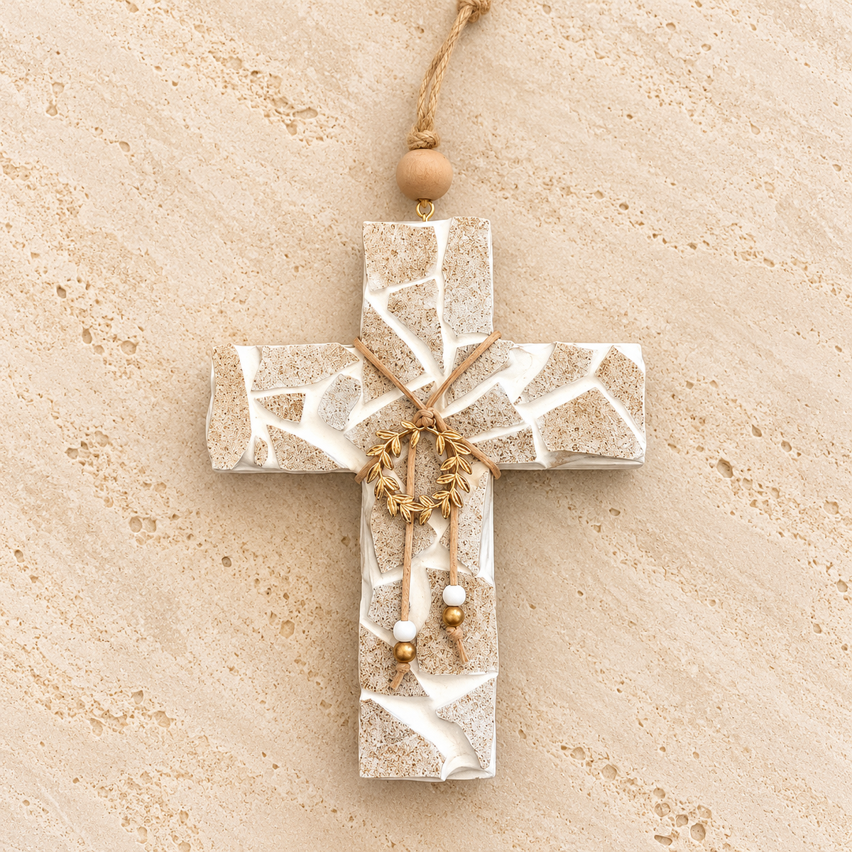 Mosaic Gold Wreath Wooden Cross