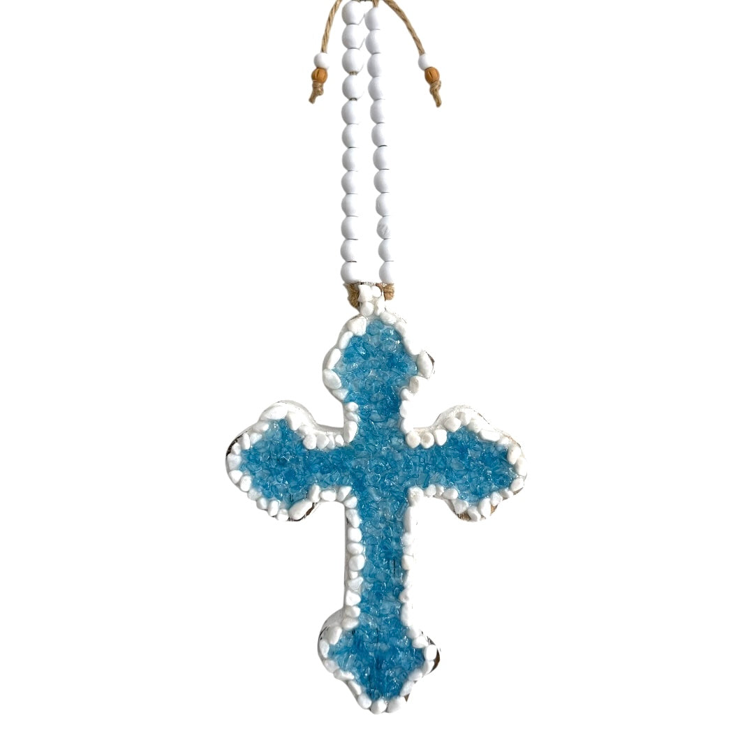 Blue Gemstone Wooden Cross