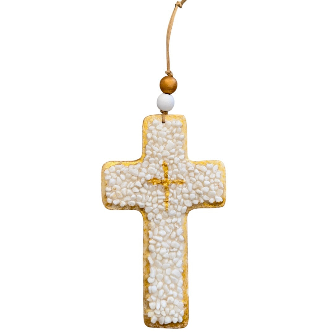 Handmade White Gemstone Chip Ceramic Cross