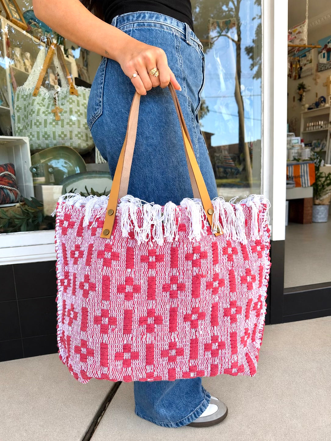 Woven Tote Bag Raspberry Pink