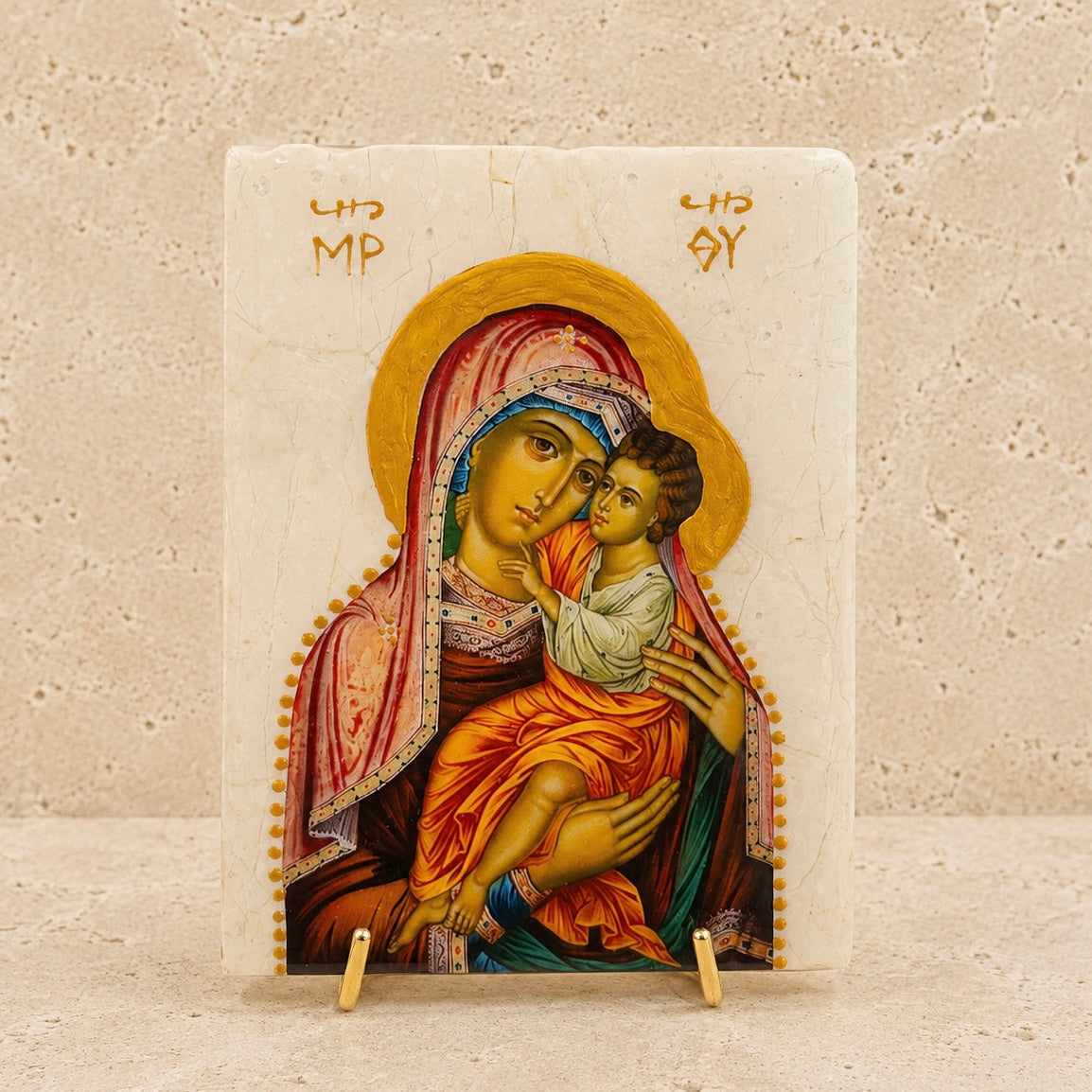 Mary & Jesus Travertine Stone Icon