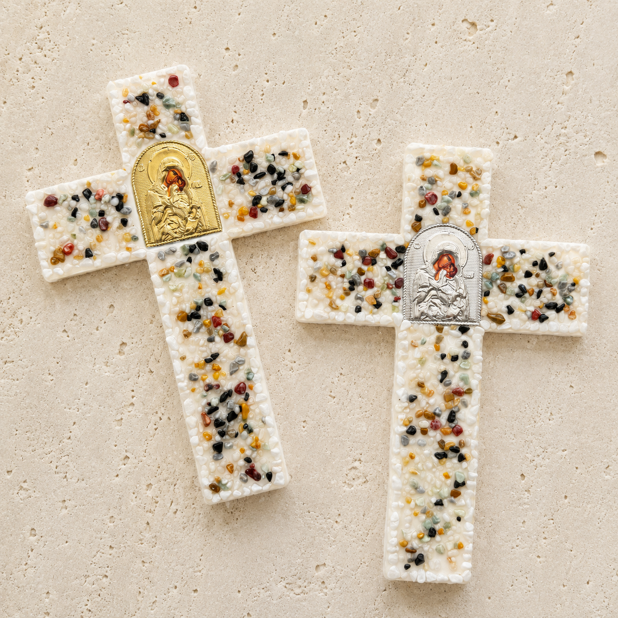 Gemstone Chip Gold Icon Wooden Cross
