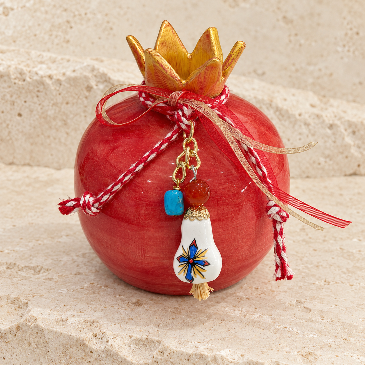 Red Handmade Ceramic Pomegranate & Garlic Ornament