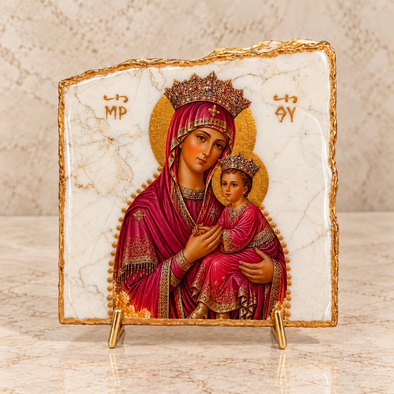 Mary & Jesus Travertine Stone Icon
