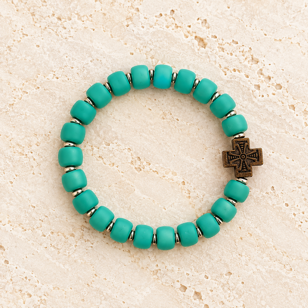 Blue Beaded Wooden Cross Bracelet