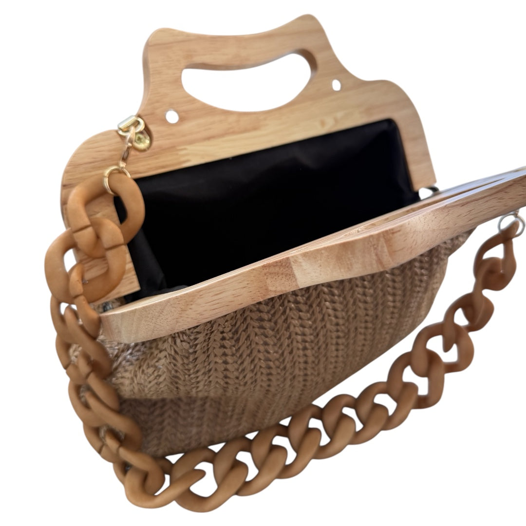 Wooden Handle Clutch Bag - Beige