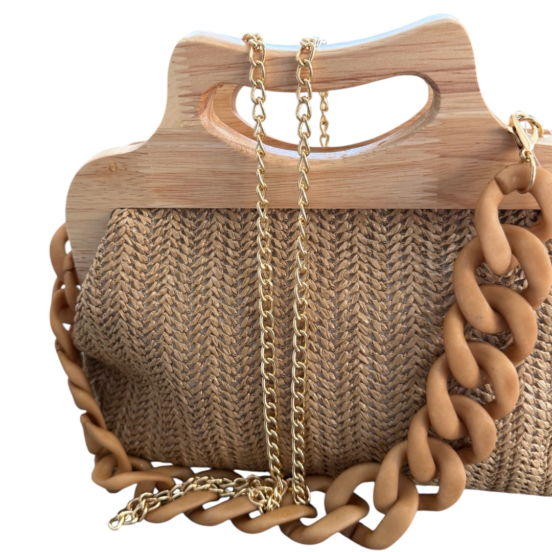 Wooden Handle Clutch Bag - Beige