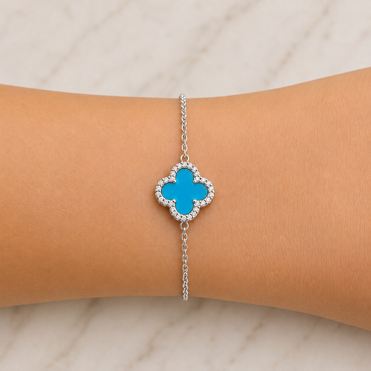 Turquoise Blue Silver Clover Bracelet