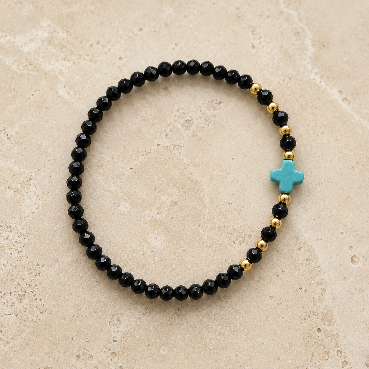 Turquoise Cross Black Beaded Bracelet