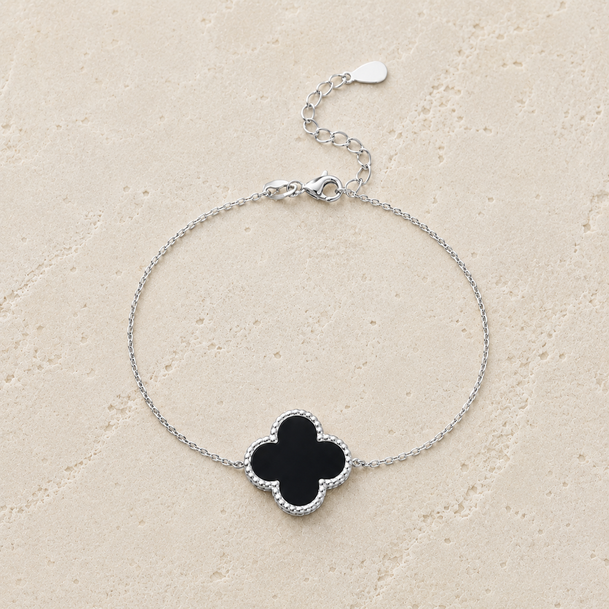 Black Agate Silver Clover Bracelet