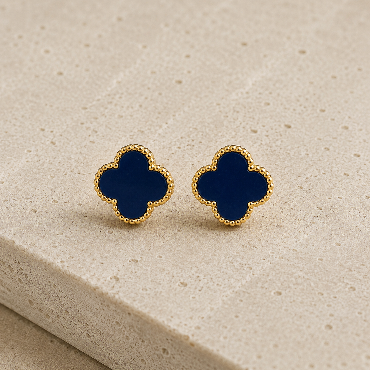 Navy Blue Clover Gold Earrings