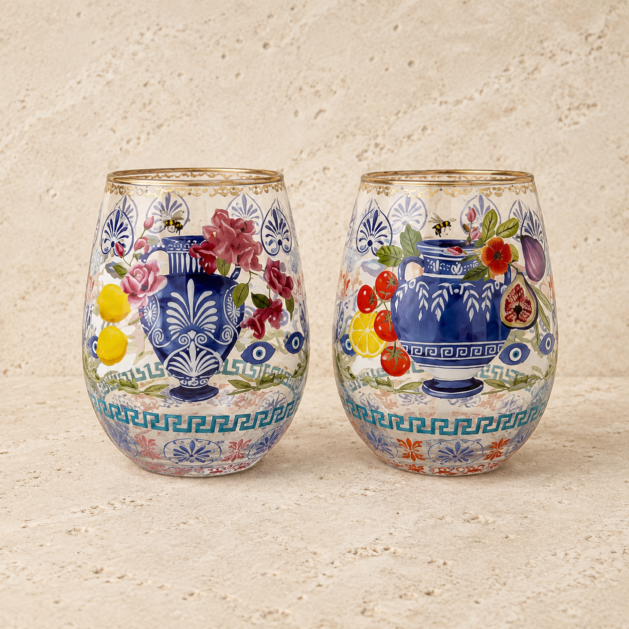 Glass Tumbler Large Mediterranean Summer (Set of 2 Glasses)