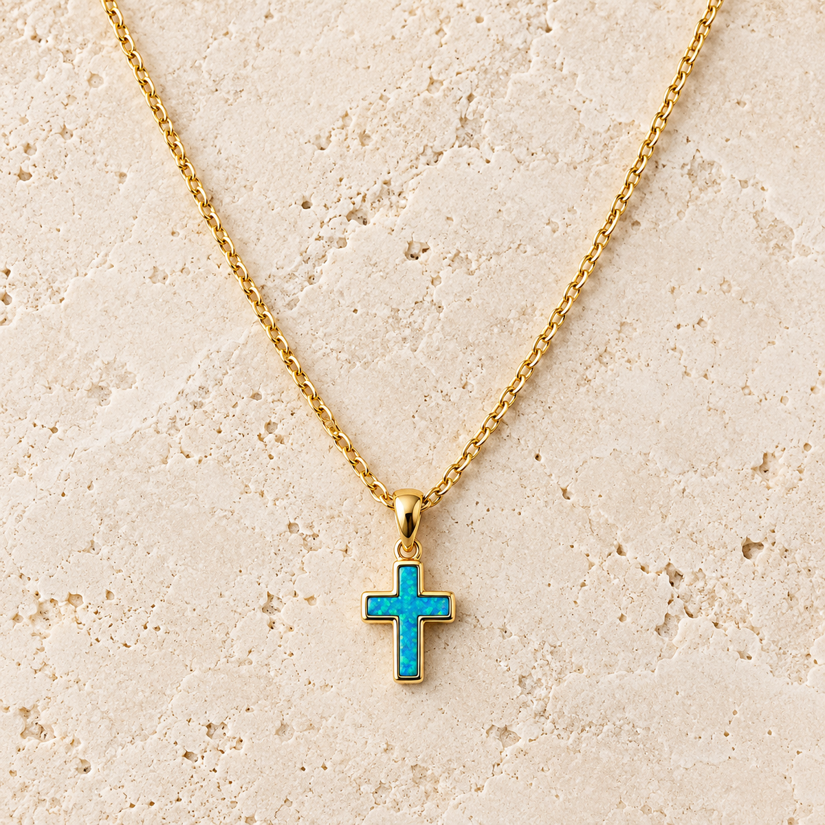 Miniature Blue Opalite Gold Cross Necklace