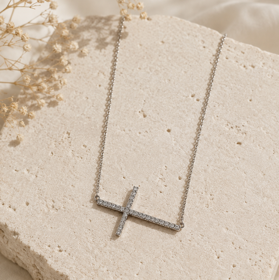 Cubic Zirconia Side Cross Silver Necklace