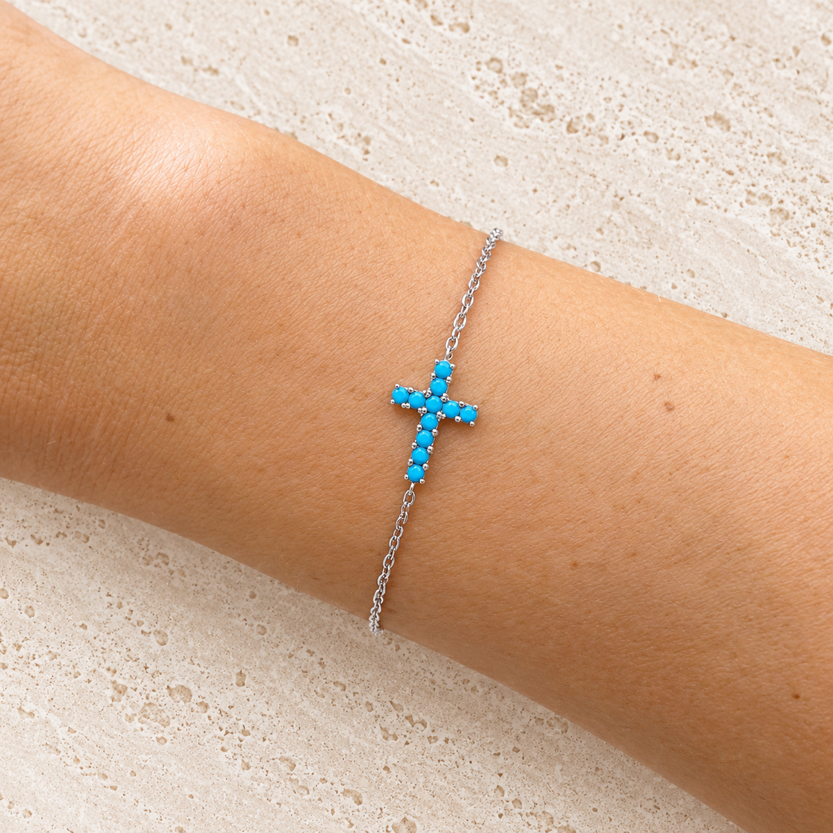 Turquoise Blue Cross Silver Bracelet