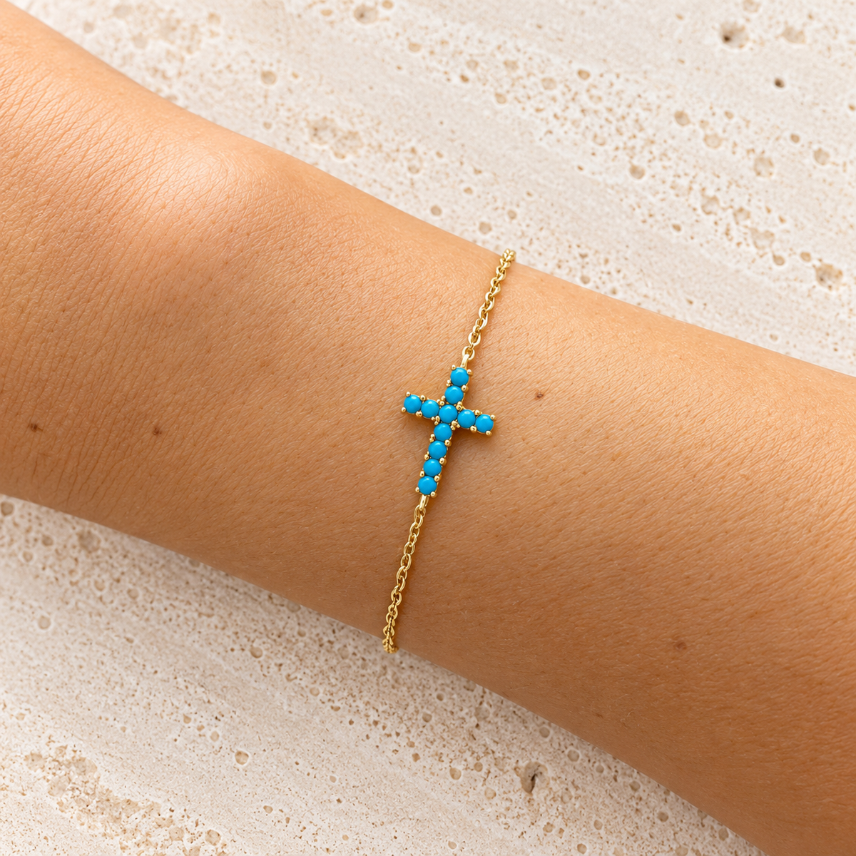 Turquoise Blue Cross Gold Bracelet