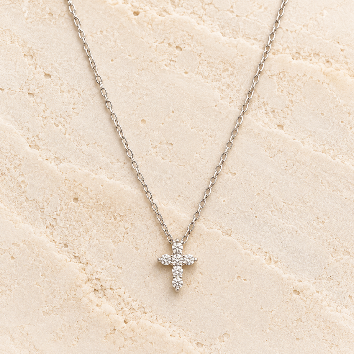 Miniature Cubic Zirconia Cross Silver Necklace