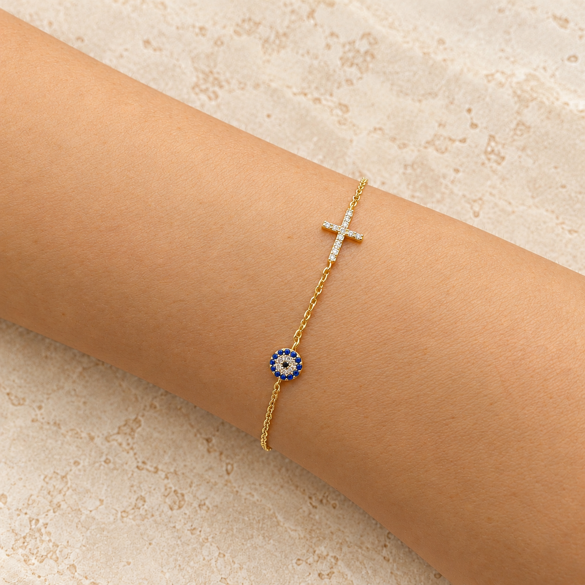 Evil Eye Cross Gold Bracelet