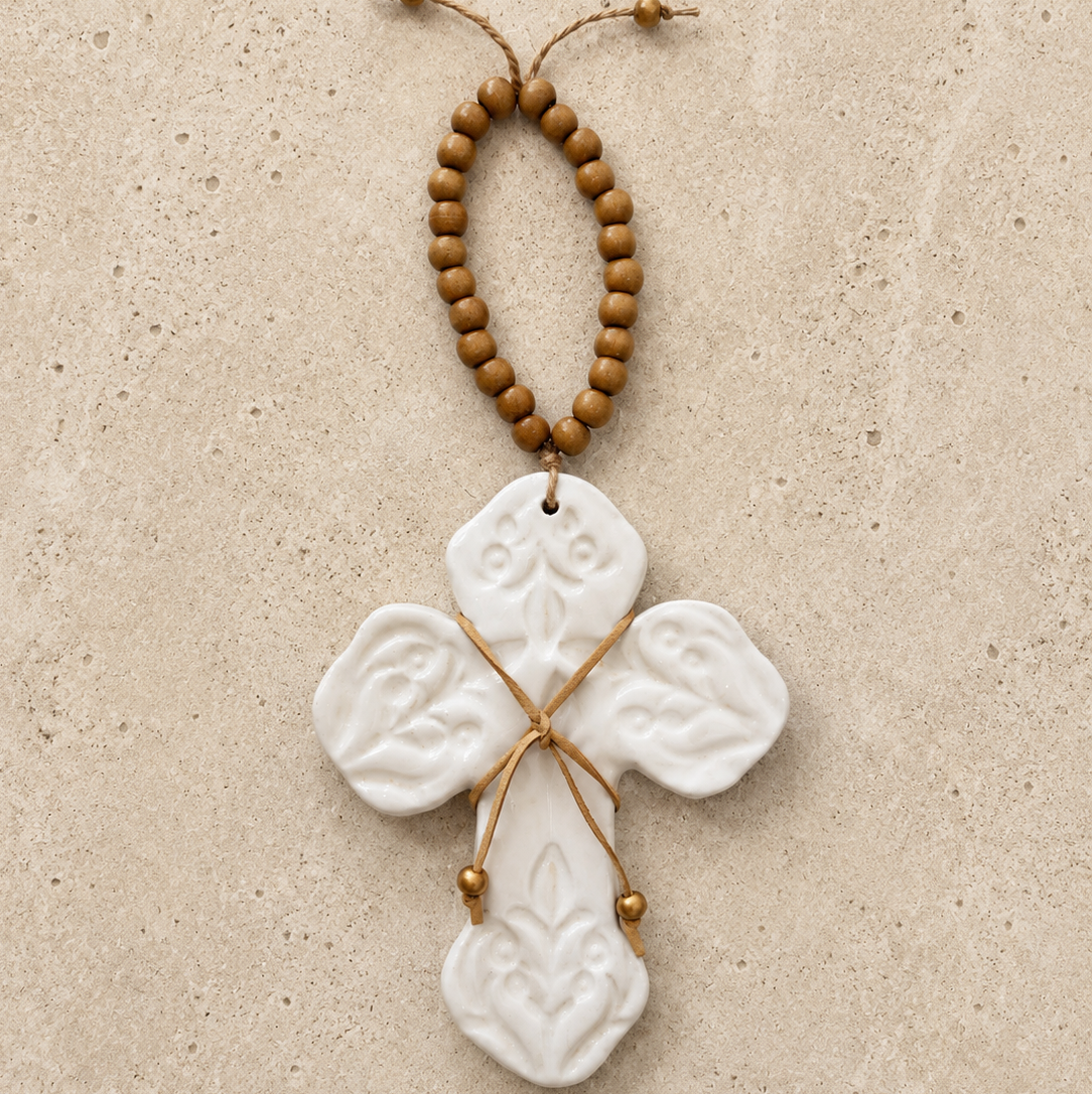 White Ceramic Cross & Wooden Beads