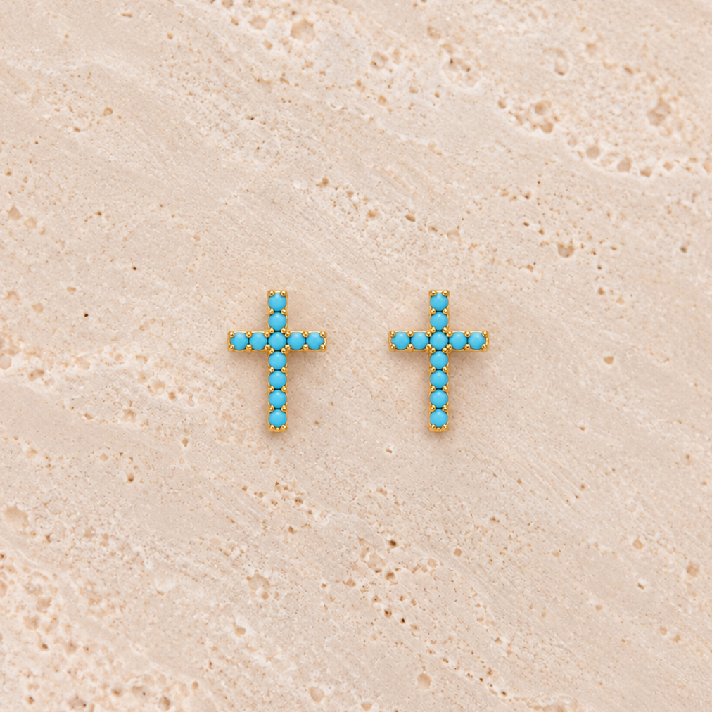 Turquoise Gold Cross Stud Earrings