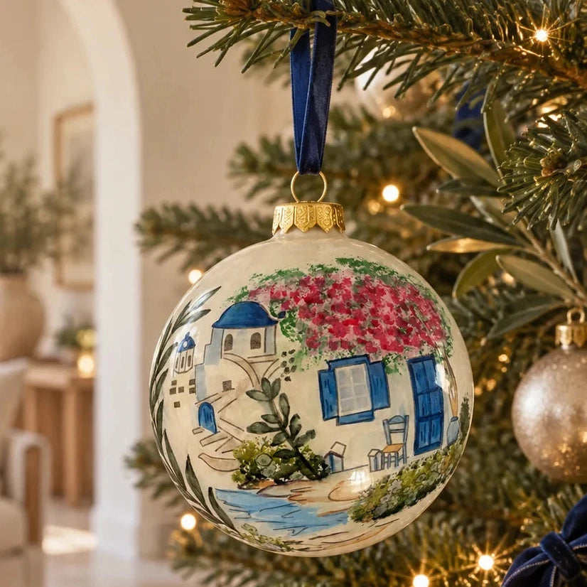 Santorini Hand Painted Glass Christmas Bauble