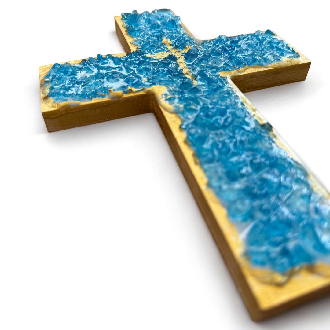 Blue Gemstone Chip Wooden Cross