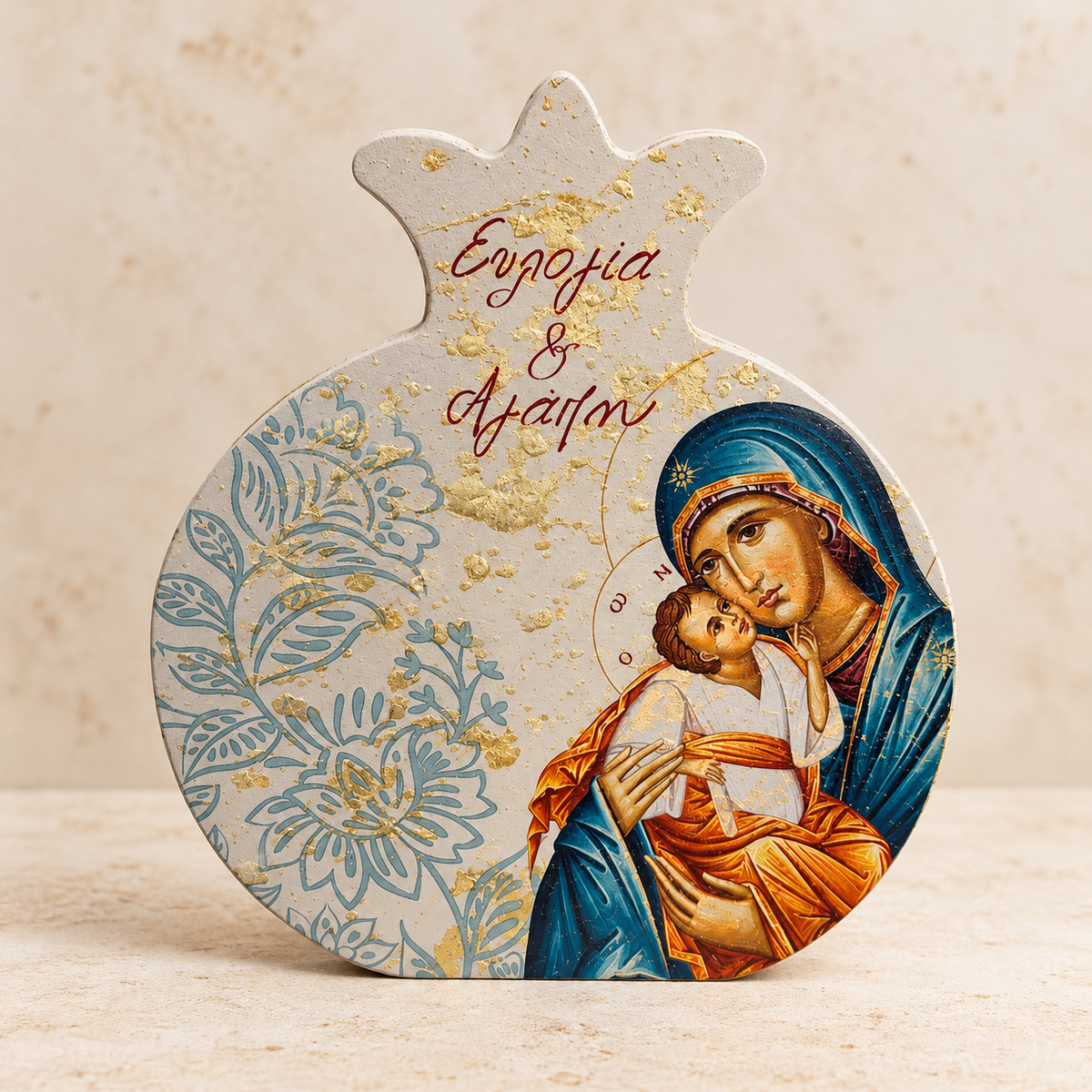 Wooden Pomegranate with Mary and Jesus Icon