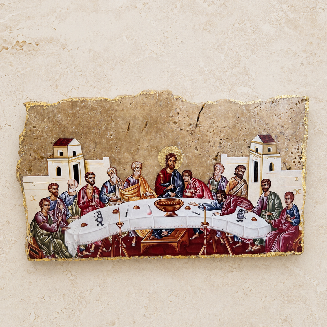Large Last Supper Icon on Travertine Stone