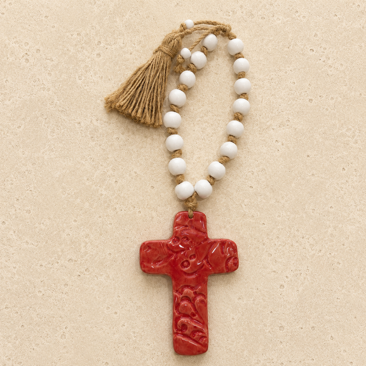 Red Ceramic Cross with Wooden Beads & Rope Tassel