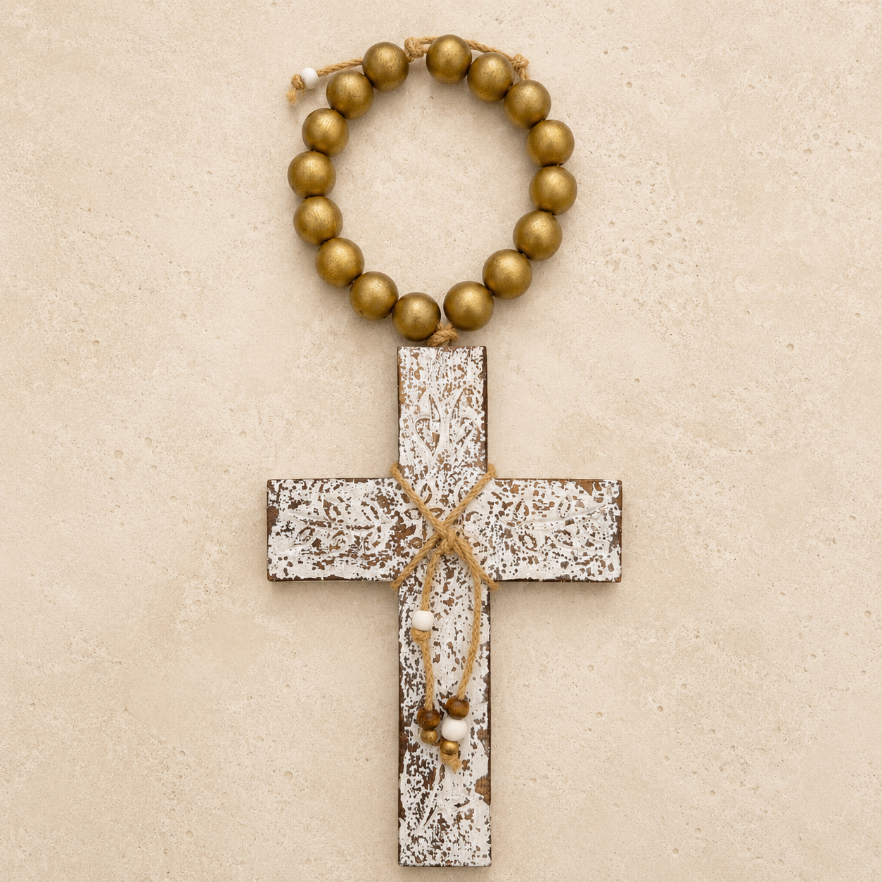Wooden Cross with Gold Beads