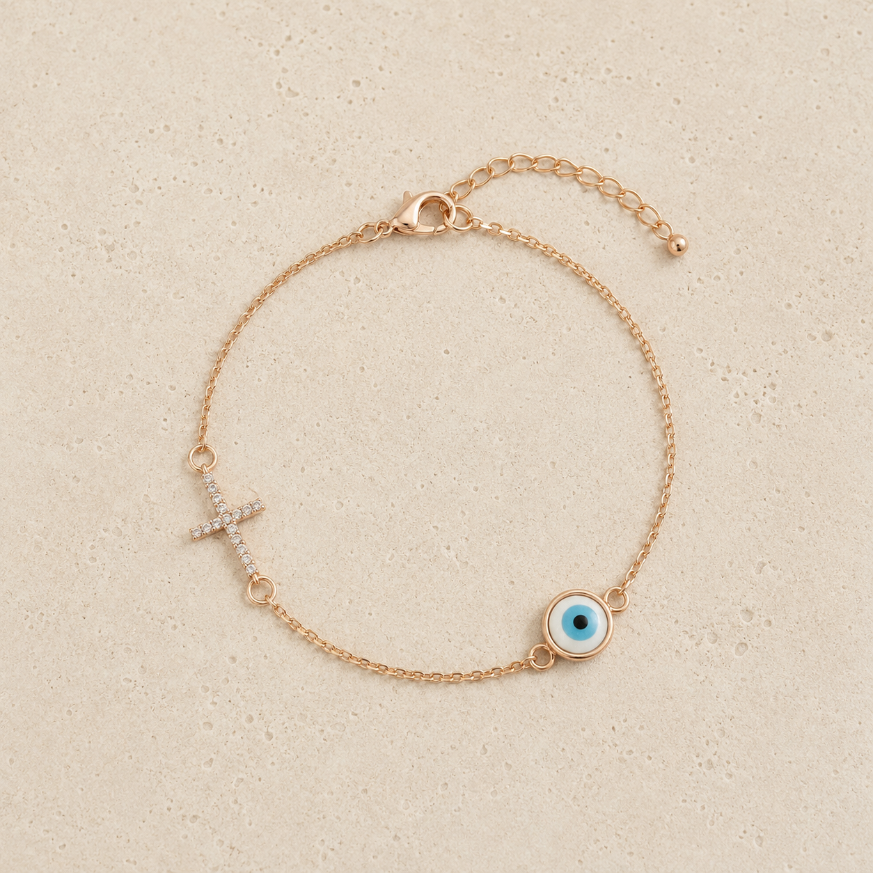 Evil Eye & Cross Rose Gold Bracelet