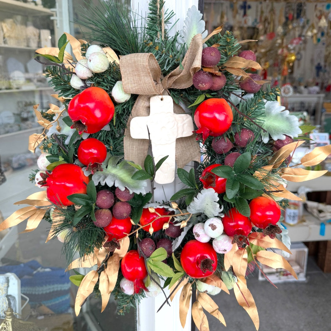 White Ceramic Cross & Pomegranates Christmas Wreath