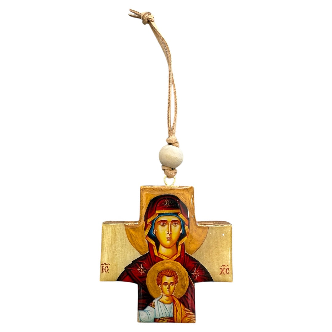 Mary & Jesus Wooden Cross Icon