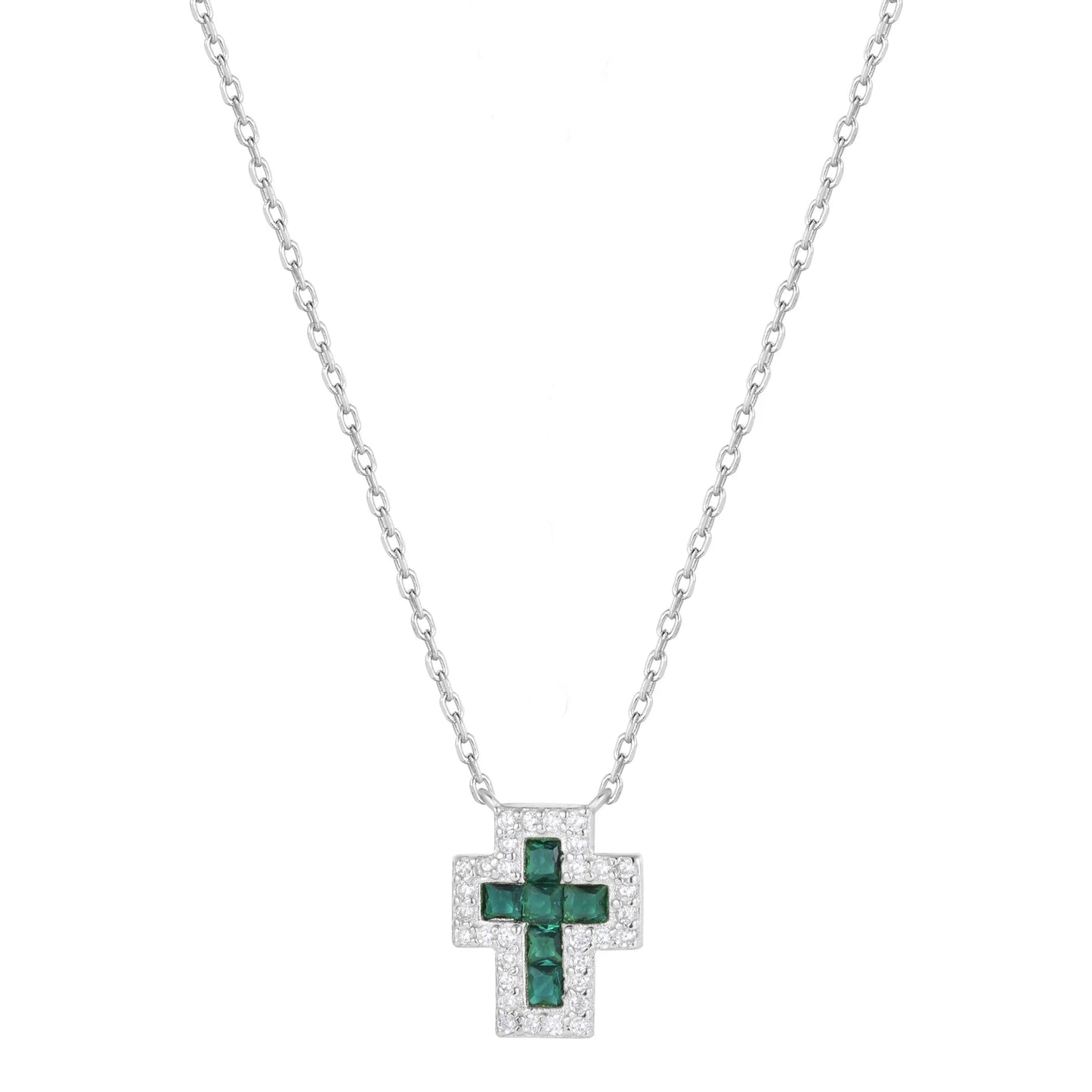 Emerald Cross Silver Necklace
