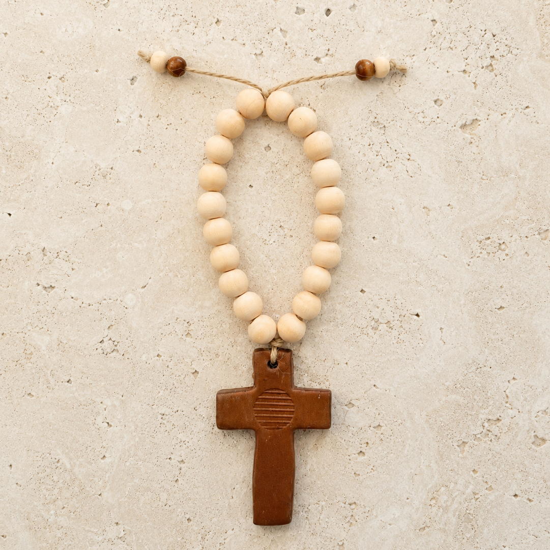 Wooden Beaded Bronze Cross Ornament