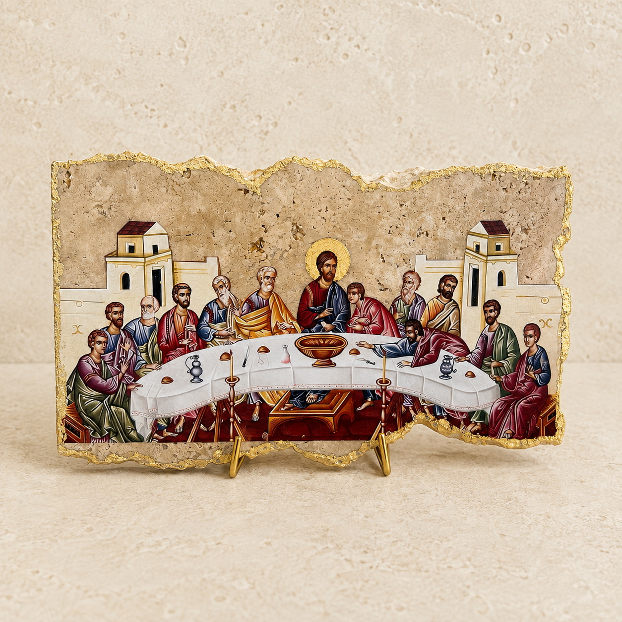 Large Last Supper Icon on Travertine Stone