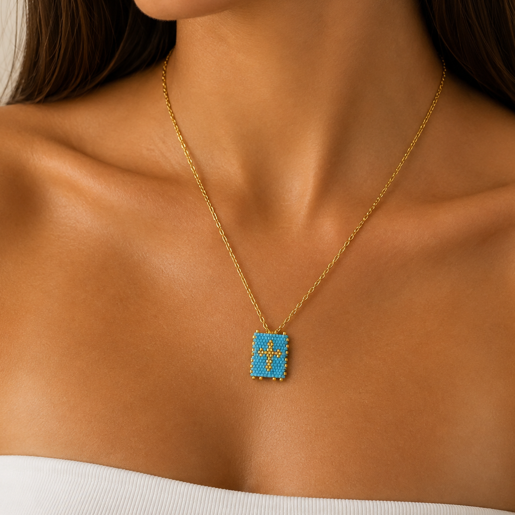 Blue Handwoven Cross Necklace