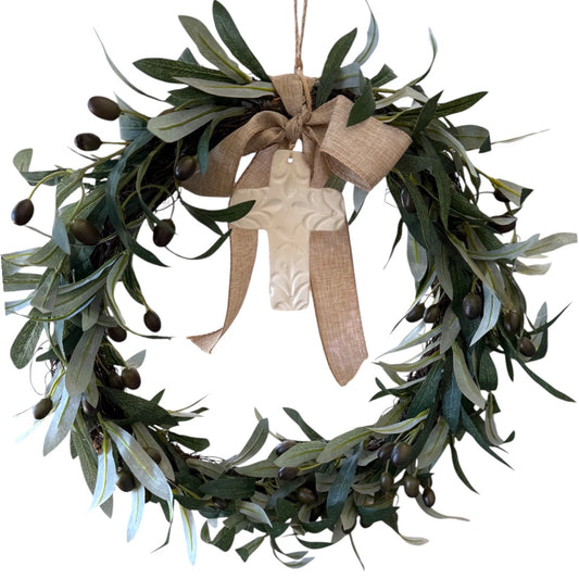 Olive Wreath & Ceramic White Cross