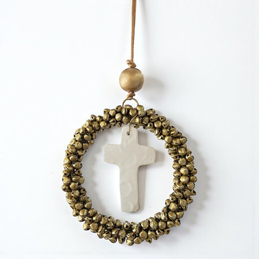 Gold Miniature Bells Wreath & Ceramic Cross