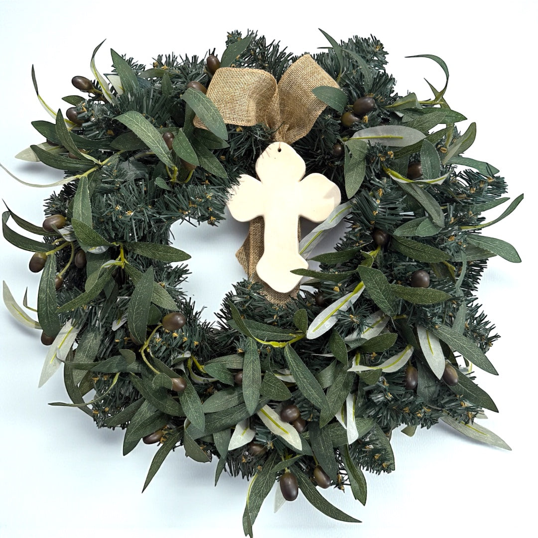 Olive Branch & Ceramic Cross Medium Christmas Wreath