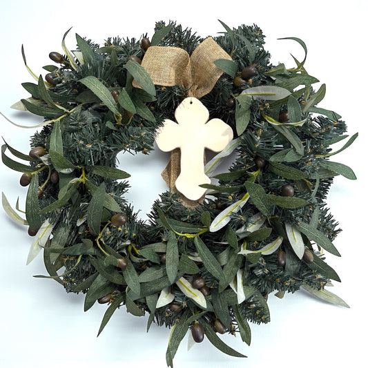 Olive Branch & Ceramic Cross Medium Christmas Wreath