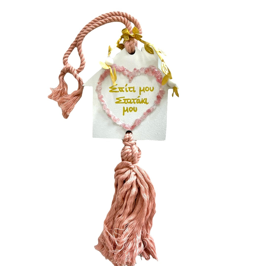 Pink Gemstone Heart Wooden Home And Pink Tassel