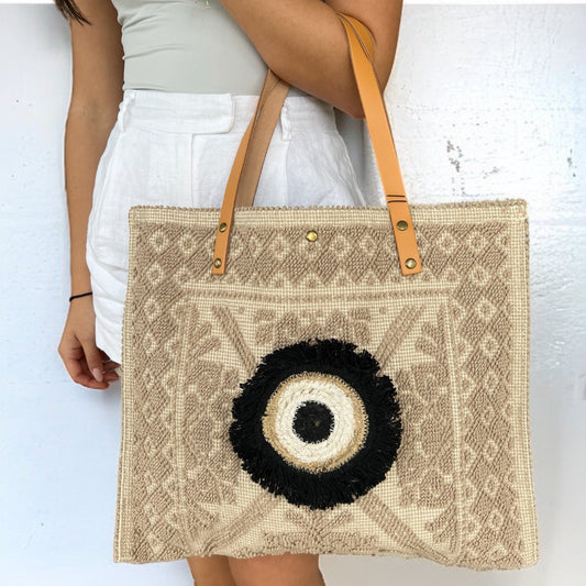 Handmade Greek Designer Tote - Beige And Eye