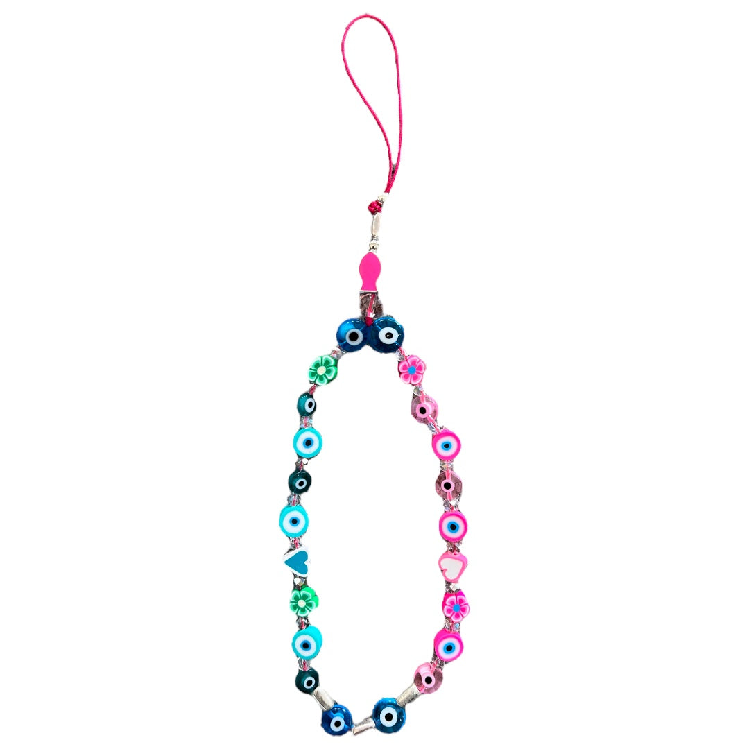 Pink And Blue Beaded Evil Eye Phone Strap