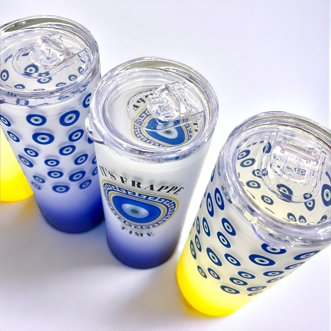 XL Frappe Glass With Lid ~ Blue Ombre