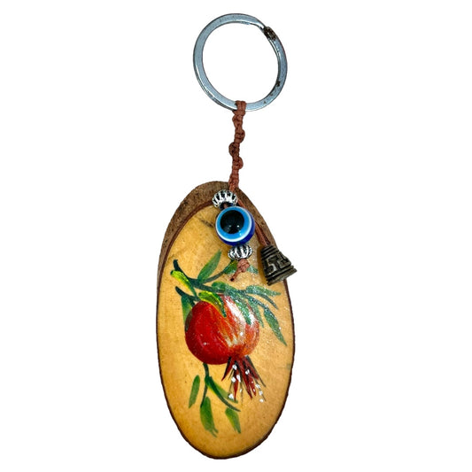 HandPainted Pomegranate On Olive Wood Keyring