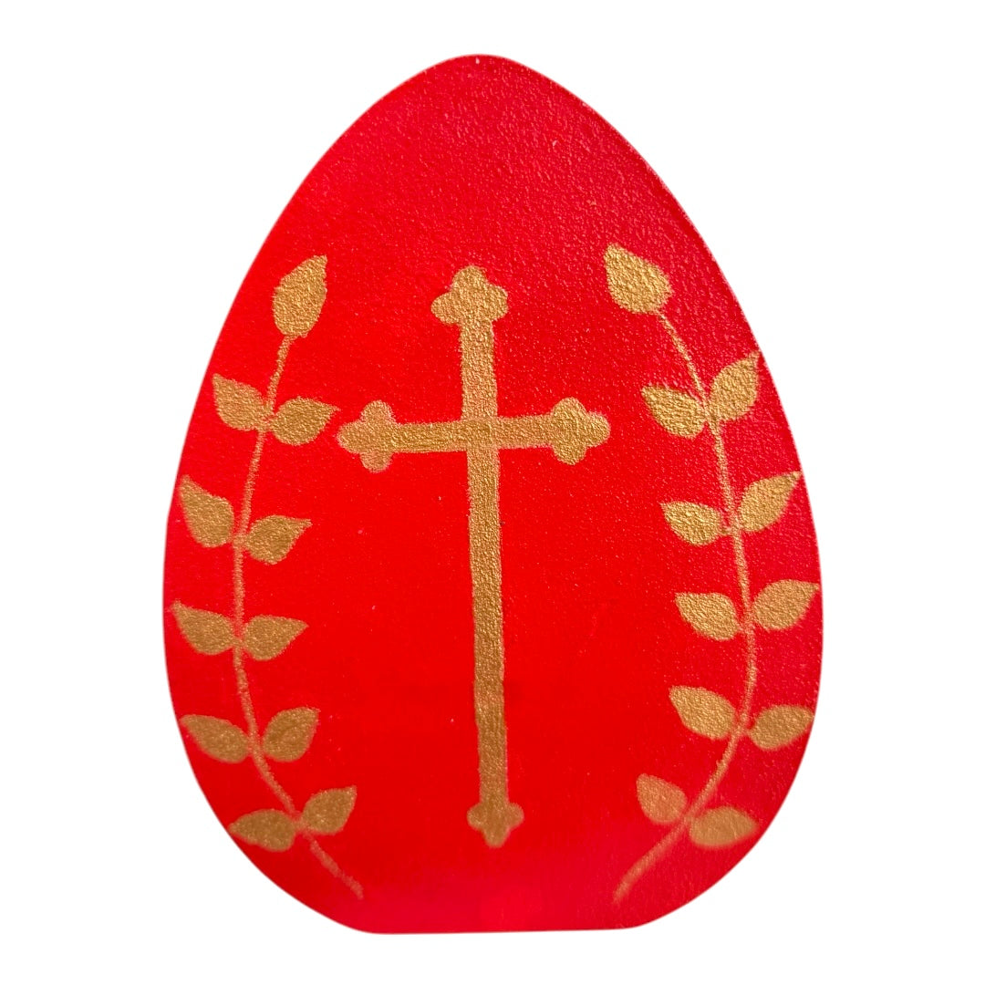 Hand-Painted Cross & Olive Leaf Wooden Egg